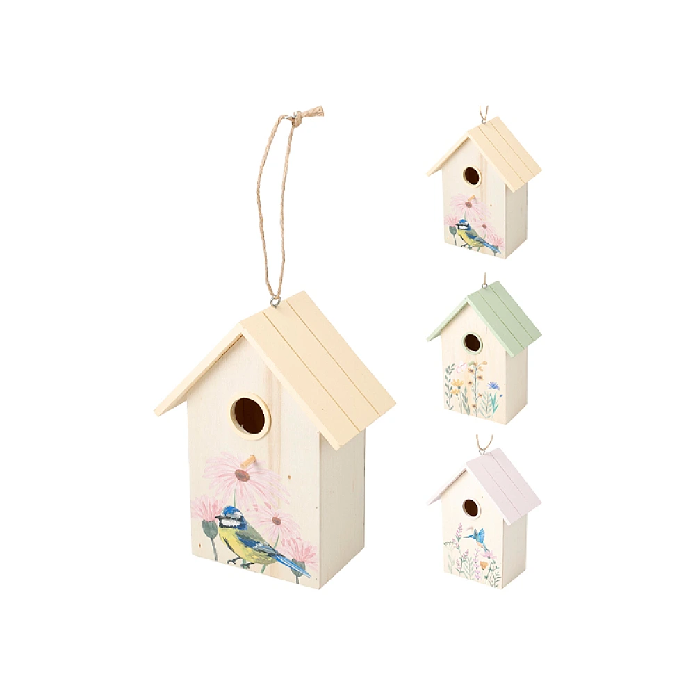 Casuta din lemn pentru pasari cu desene 22X15X9cm, 3 modele