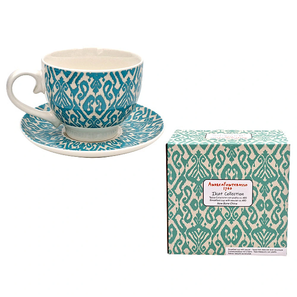 Cana pentru dejun 480 ml cu farfurie AndreaFontebasso 1760 Ikat, albastra