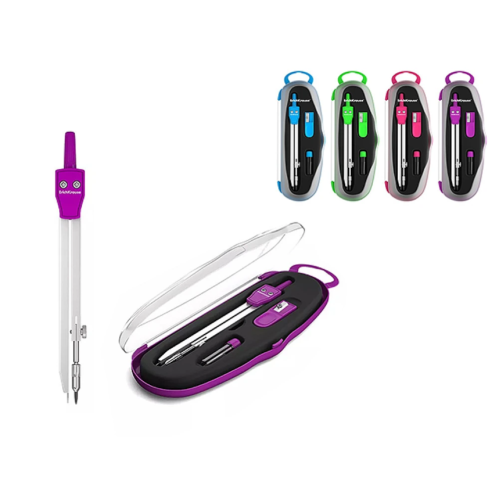 Compas 3 unitati ErichKrause S-COOL Neon, metal, cu ascutitoare si grifuri