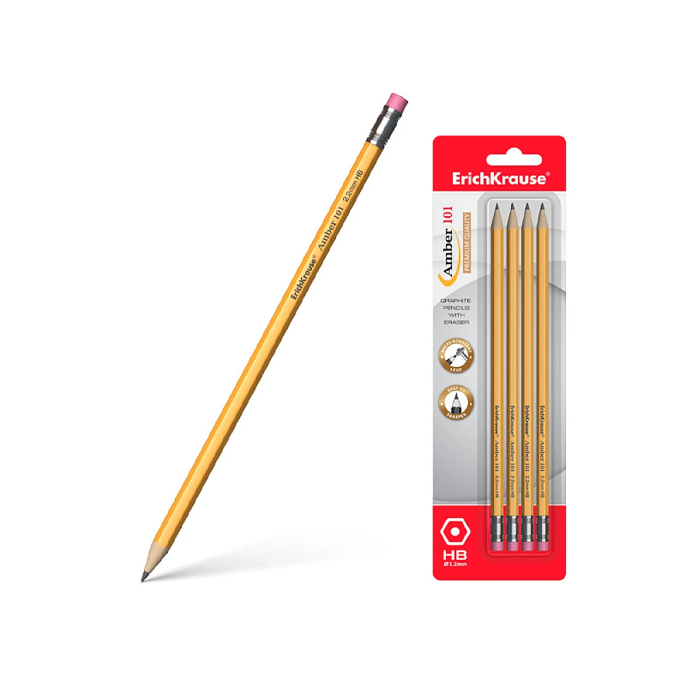 Set creioane simple 4buc HB cu radiera ErichKrause Amber 101, blister