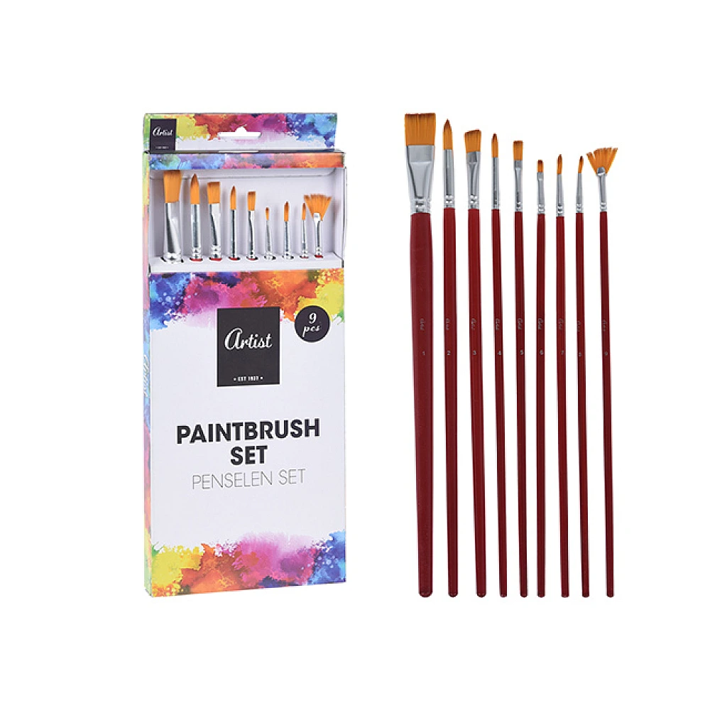 Set pensule pentru desen Artist 9buc, miner din lemn