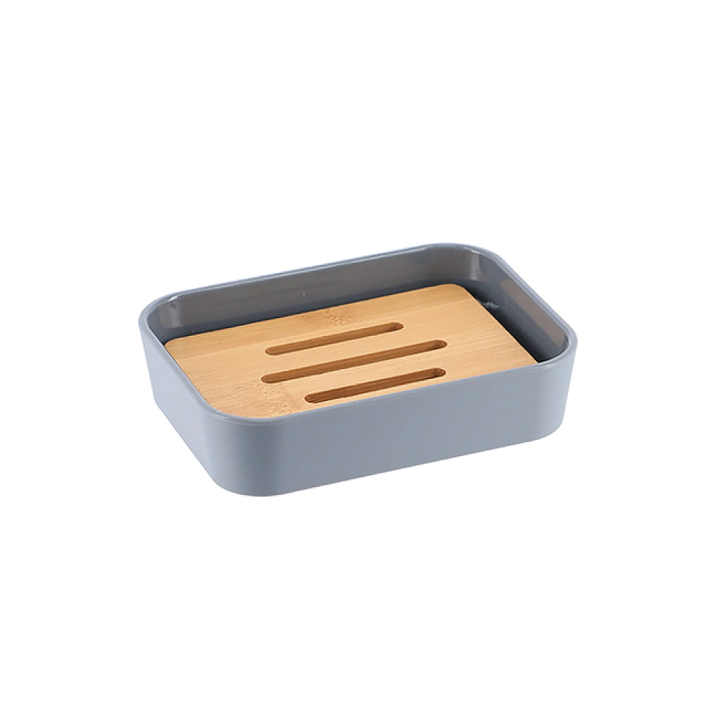 Săpunieră Tendance Rubber gri, suport bambus, plastic