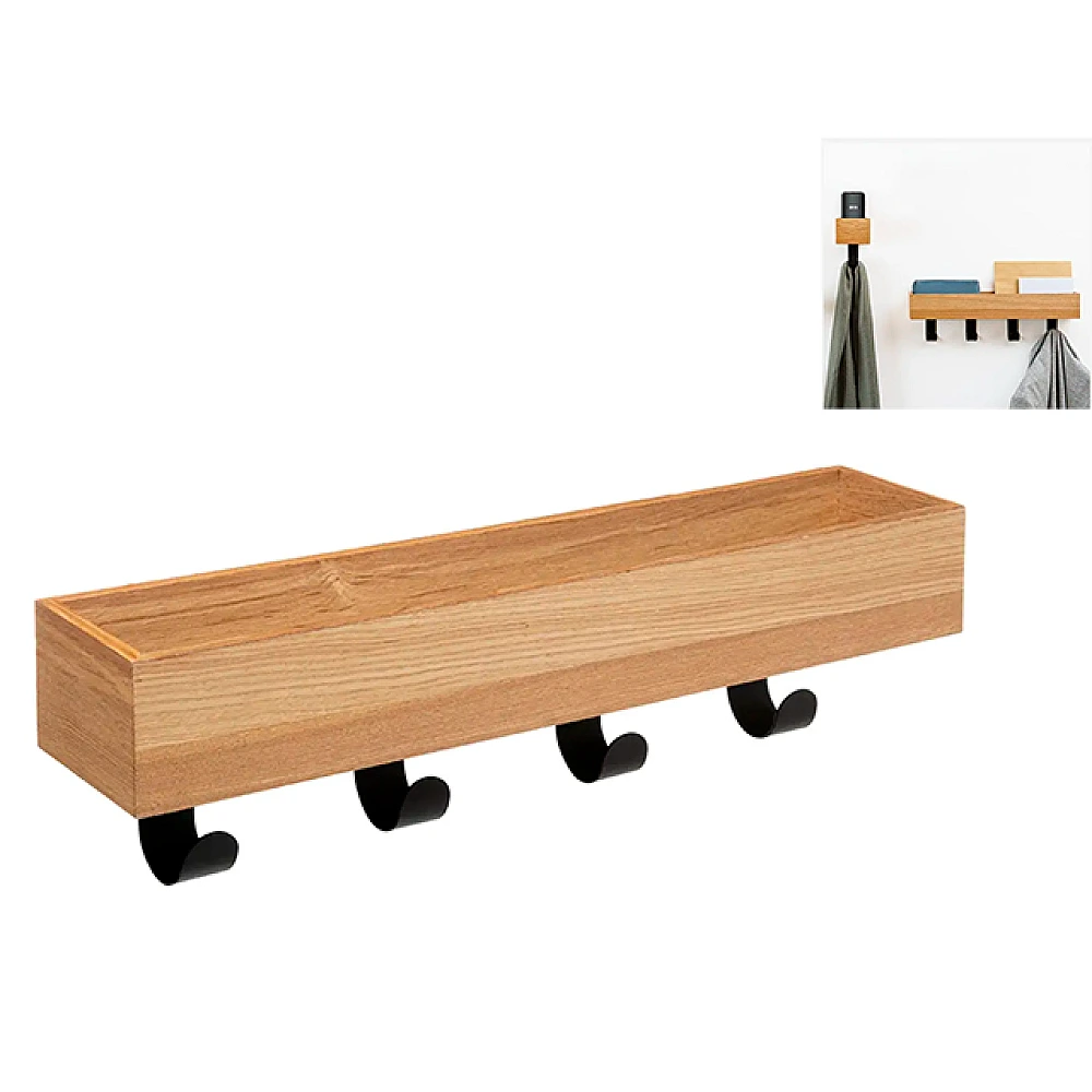 Cuier de perete cu 4 carlige 50X15X10cm si raft Five, bambus