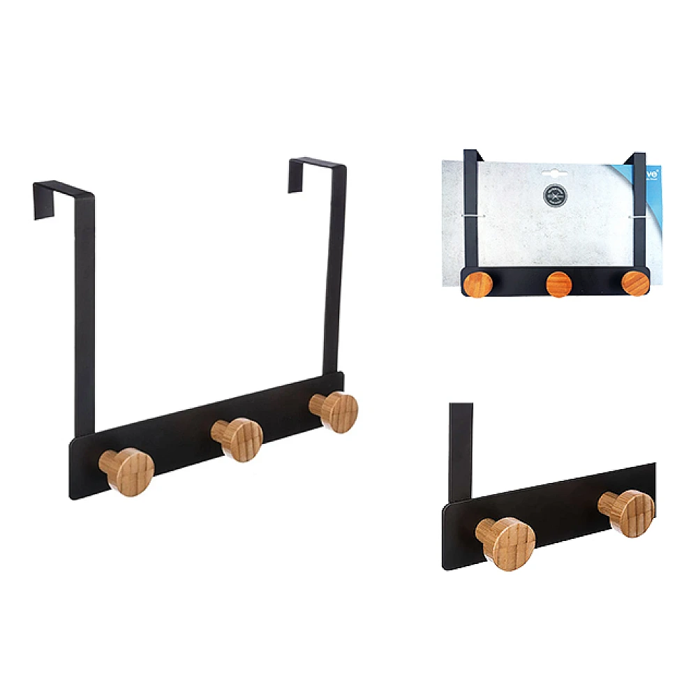 Cuier suspendabil cu 3 cârlige 25X8.2X20cm Five, negru, din metal/bambus