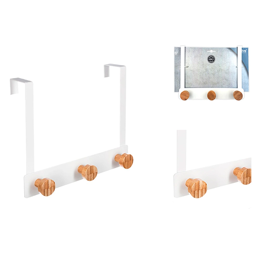 Cuier suspendabil cu 3 cârlige 25X20cm Five, alb, din metal/bambus
