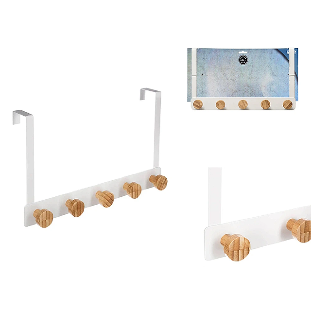 Cuier suspendabil cu 5 cârlige 33.3X8X20cm Five, alb, din metal/bambus