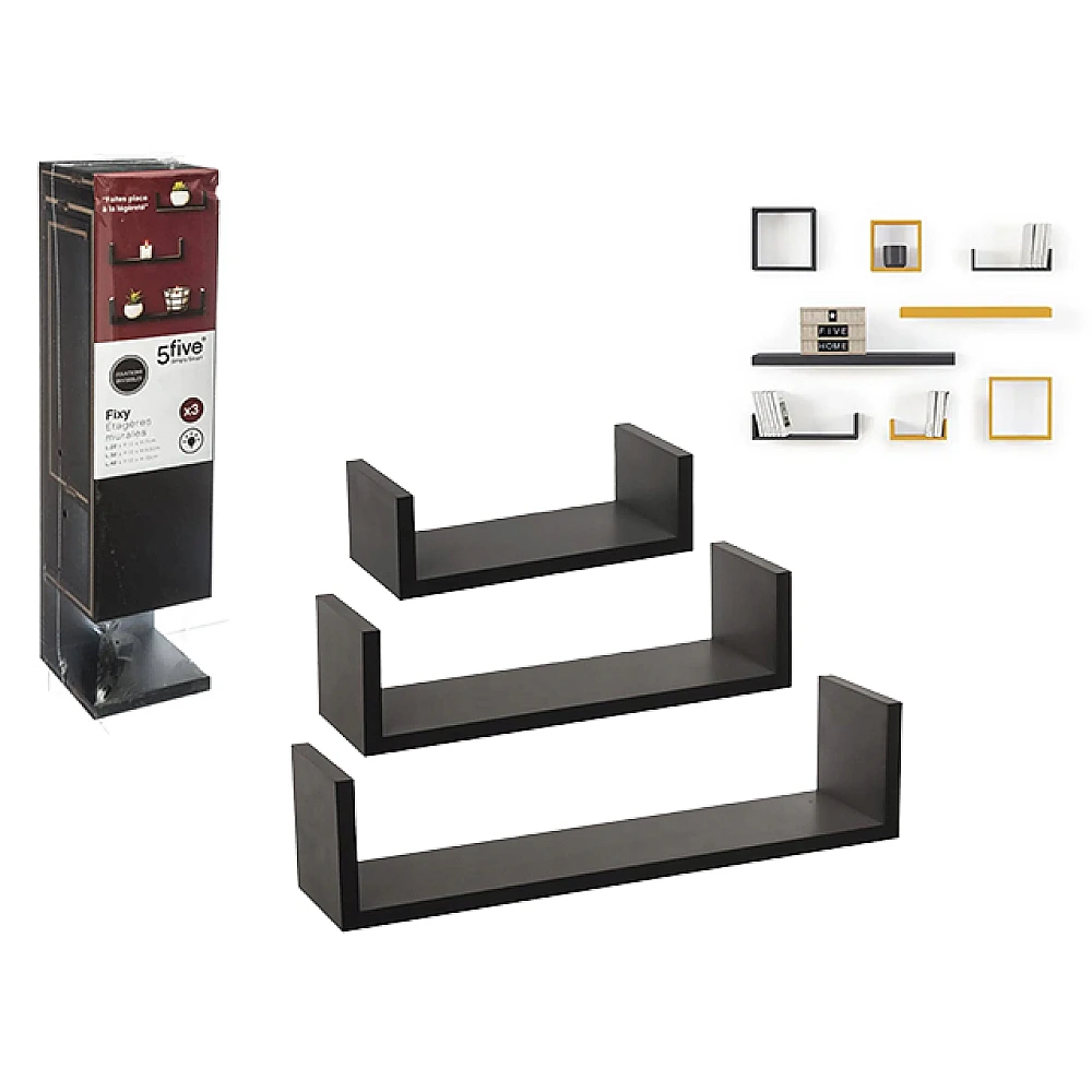 Set rafturi Five 3buc: 22X10X7.7, 32X10X8.5, 42X10X10 negru, MDF