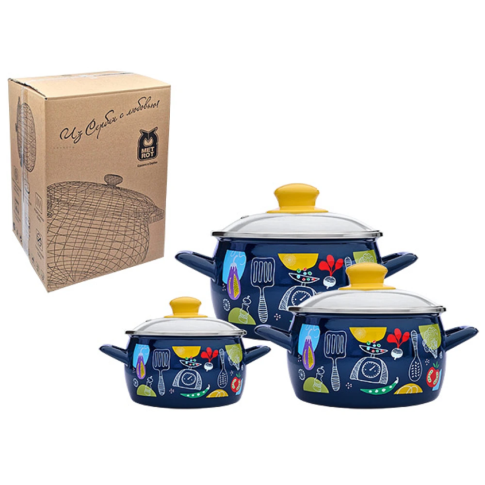 Set cratite emailat Appetit 3buc, capac din sticla