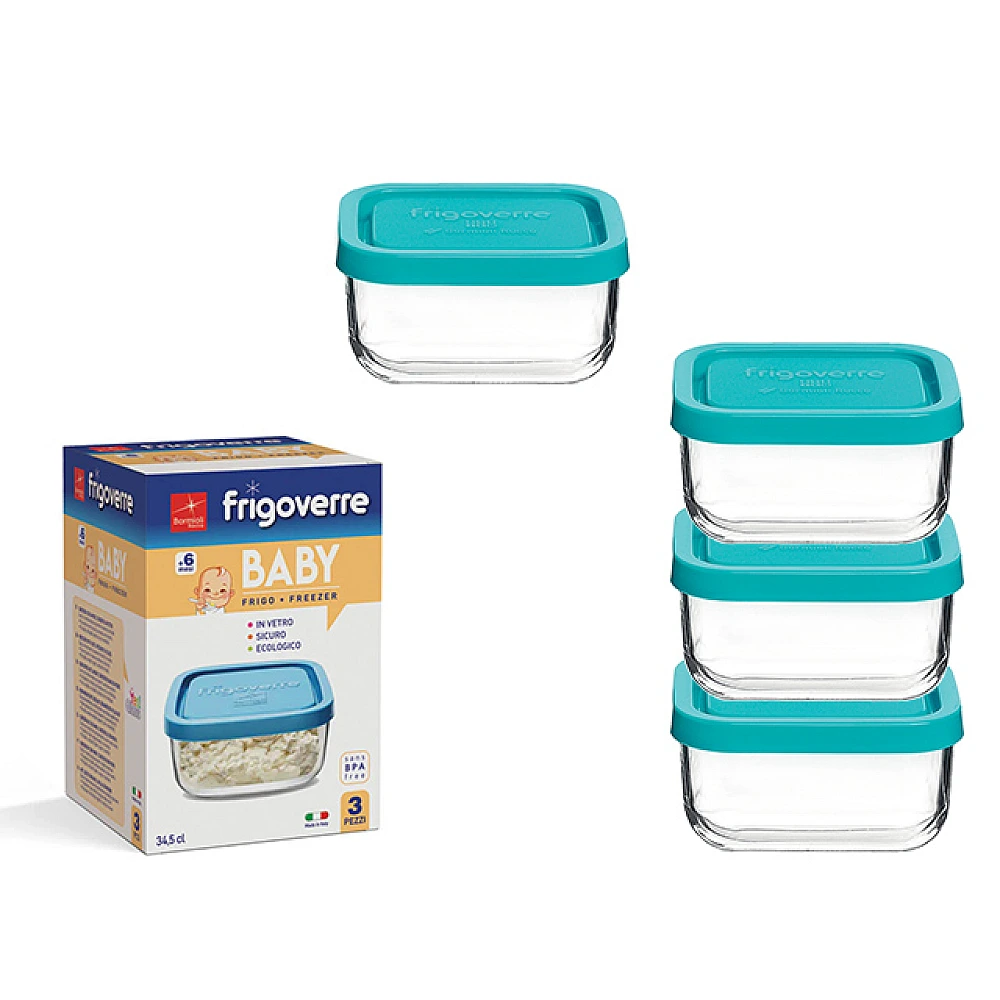 Set de 3 recipiente Frigoverre Baby cu capac, 0.345 l, 10X10 cm, sticla, transparent