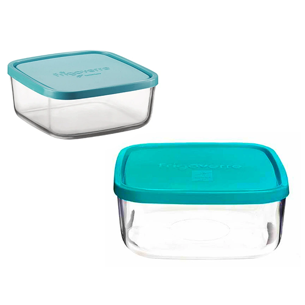 Recipient cu capac Frigovere 2.025L, 19X19cm, sticlă, transparent/albastru