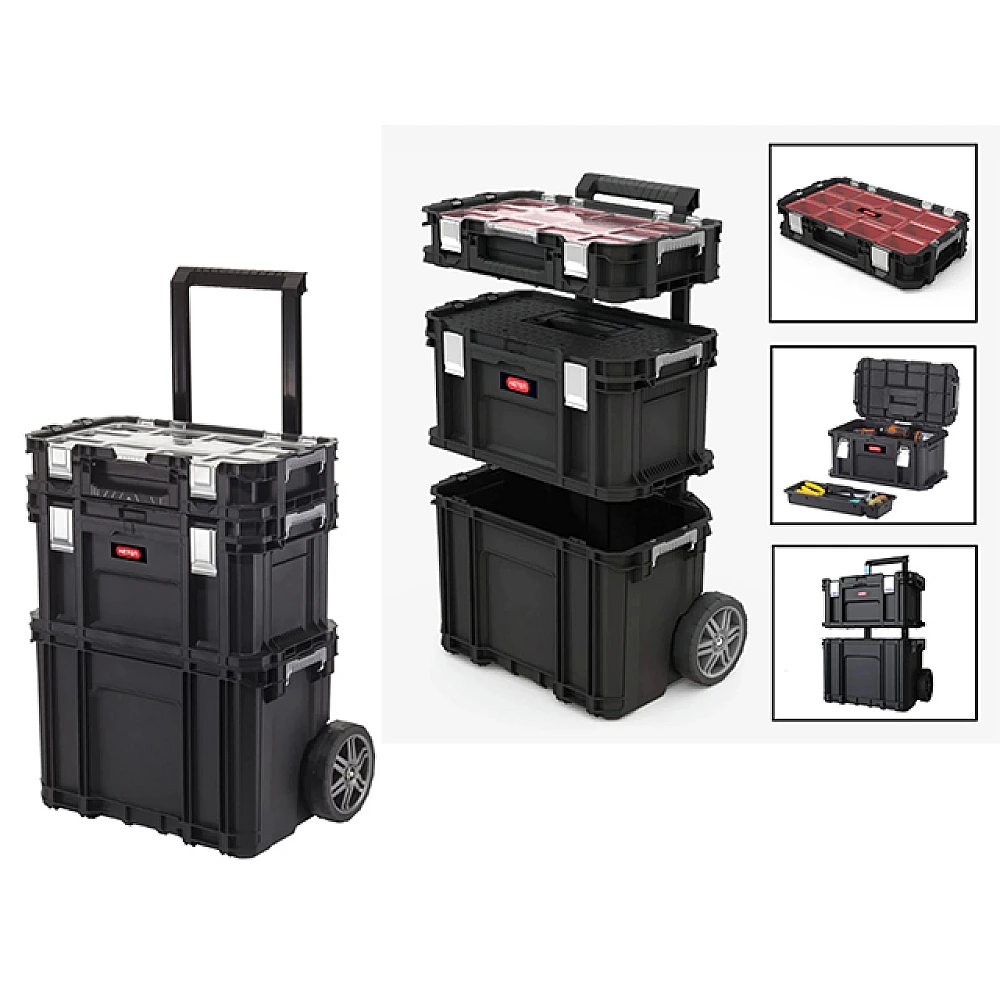 Set de depozitare si organizare instrumente Keter Connect 4 piese: carucior + 3 lazi