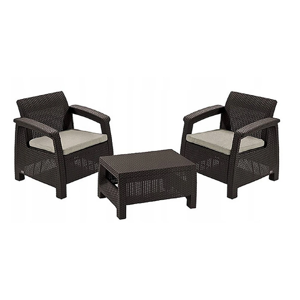 Set mobilier Corfu 3unitati: masa 77X57X42 cm, 2 fotolii 75X70X79 cm, cafeniu
