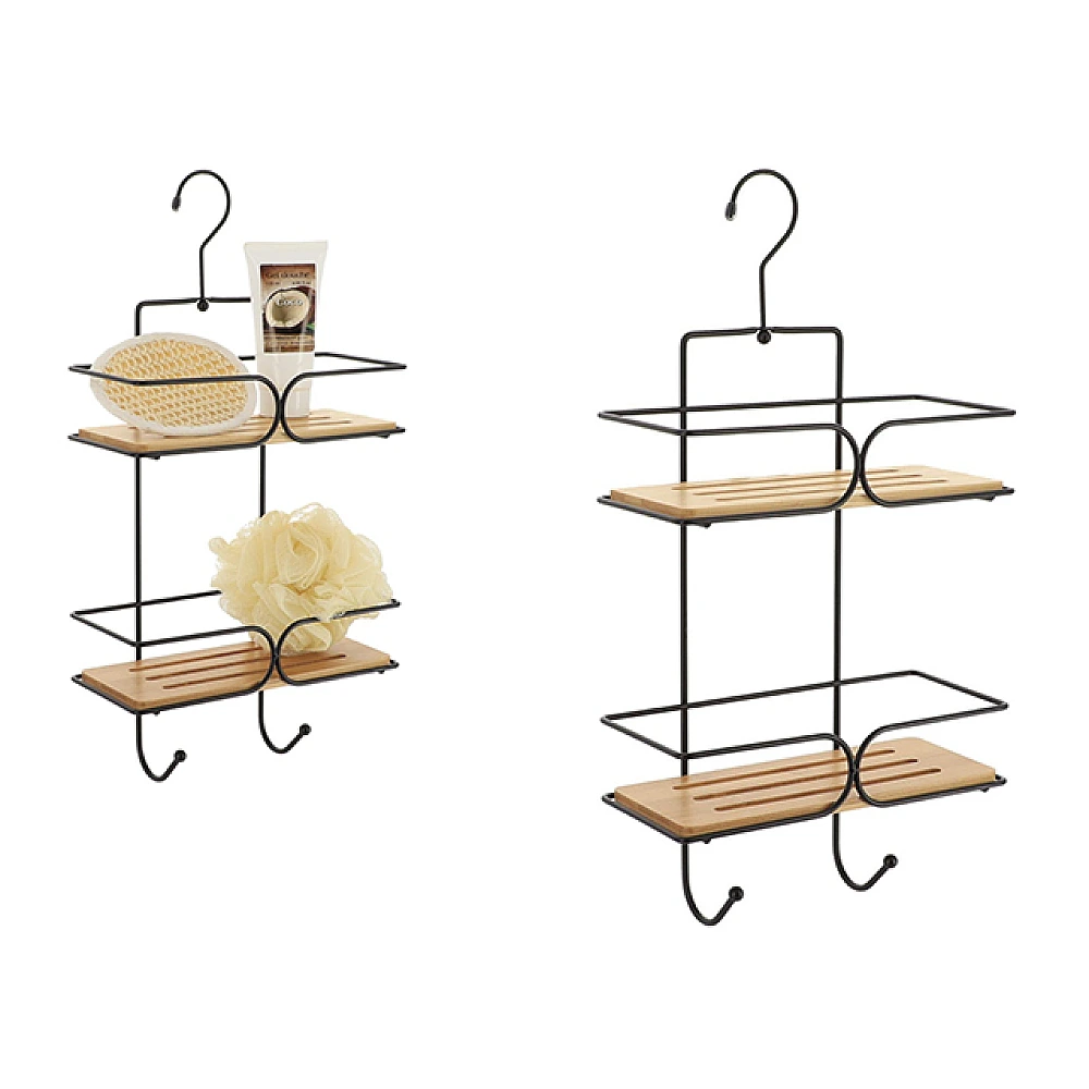 Raft de perete suspendabil cu 2nivele+2carlige Caddy 11X25X50cm, metal/bambus, negru