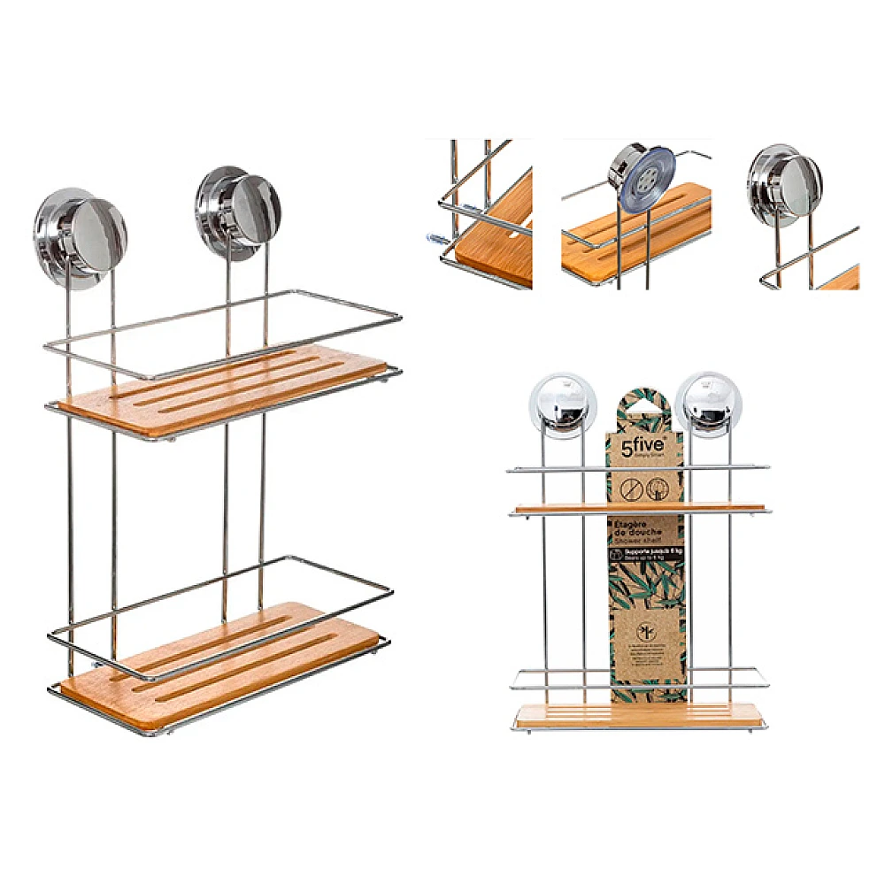 Raft cu 2 nivele pe ventuze Five 25X13.2X36.5cm, metal/bambus