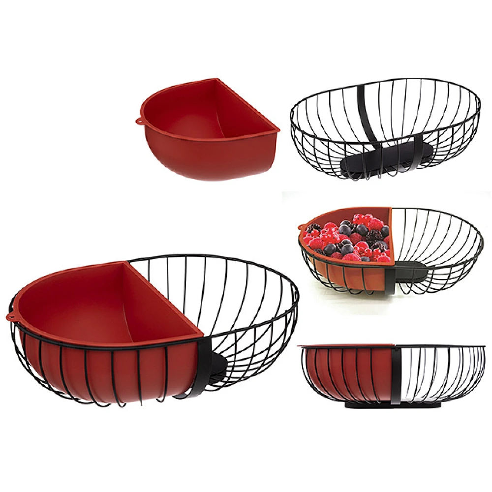 Cos pentru fructe Five 30X20cm, oval, metal negru, 1/2 tava plastic rosu