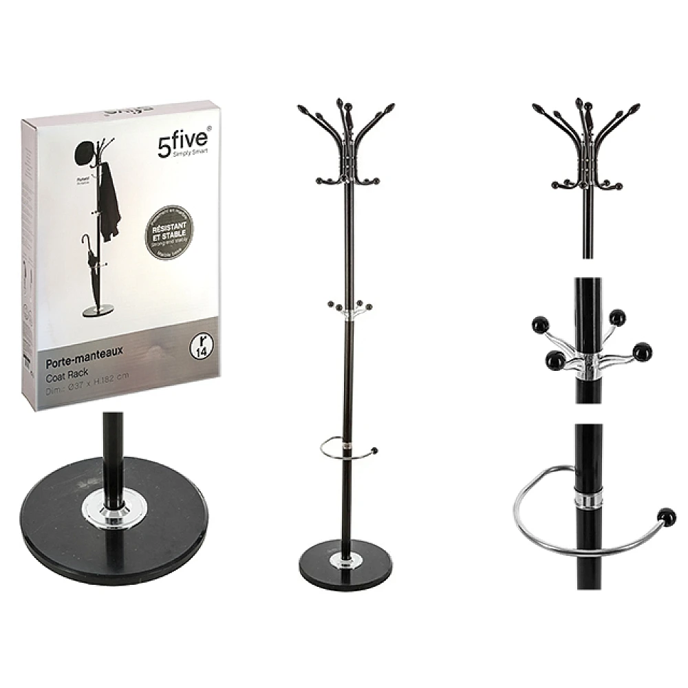 Cuier tip pom D37cm, H182cm Five + suport umbrela, negre, metal