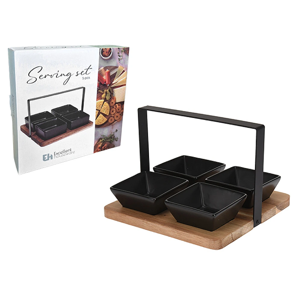 Set pentru aperitiv EH 5buc, 4 boluri si un suport din lemn 20X20cm