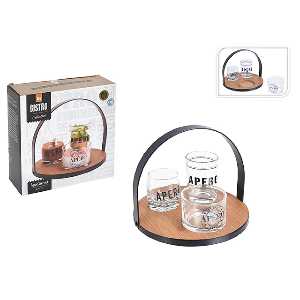 Set aperetiv EH 4buc, suport lemn D18cm 