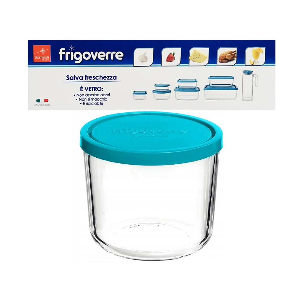 Recipient cu capac Frigovere 0,42L, D10cm, sticlă, transparent/albastru