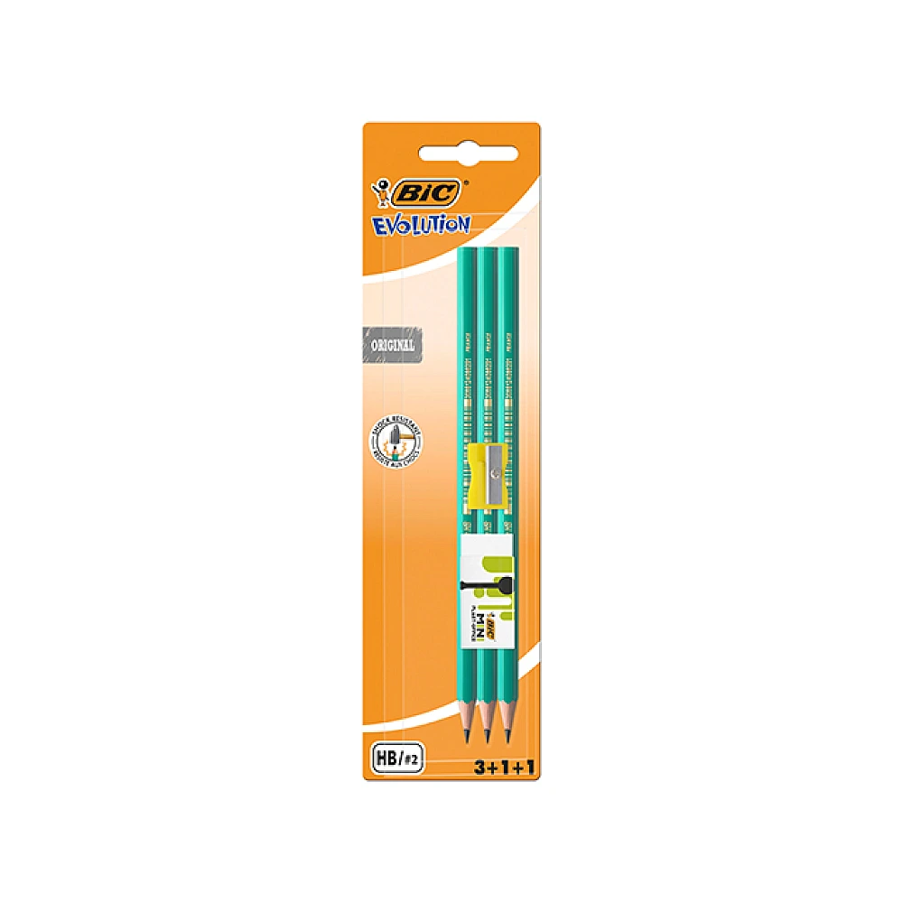 Set de creioane BIC Evolution: ascuțitoare, radieră, 3 creioane