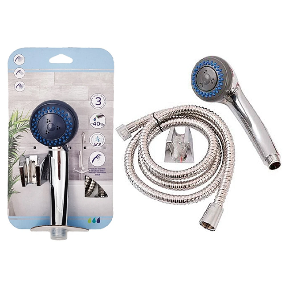 Set de dus Tendance: para dus D8cm, 3 regimuri, furtun 1.5m, suport