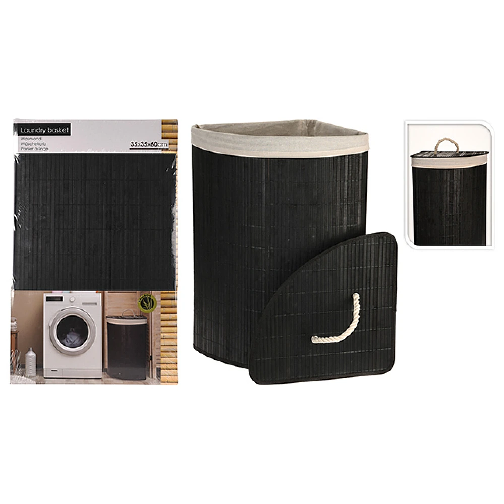 Cos pentru rufe cu capac 35X35X60cm negru, bambus, de colt