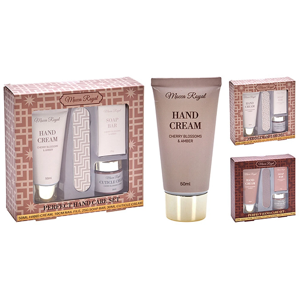 Set cadou Cherry&Amber 4buc: crema pentru maini, crema pentru unghii, pila si sapun