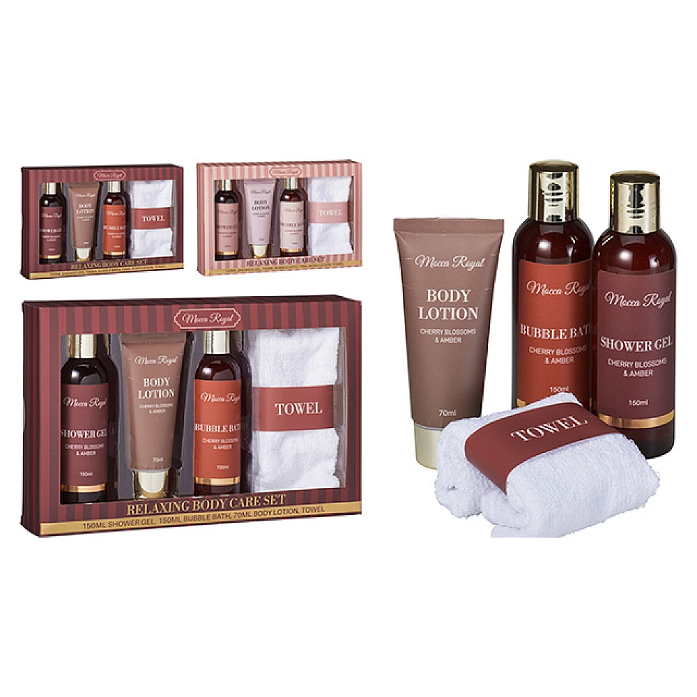 Set cadou Cherry&Amber 4buc: gel pentru corp, lotiune pentru corp, spuma pentru baie si prosop
