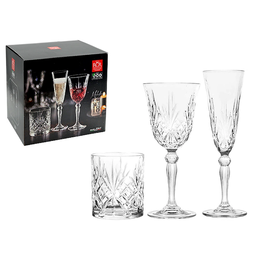 Set 18 pahare din cristal Melodia: pocale 6X160ml, 6X270ml, pahare 6X340ml