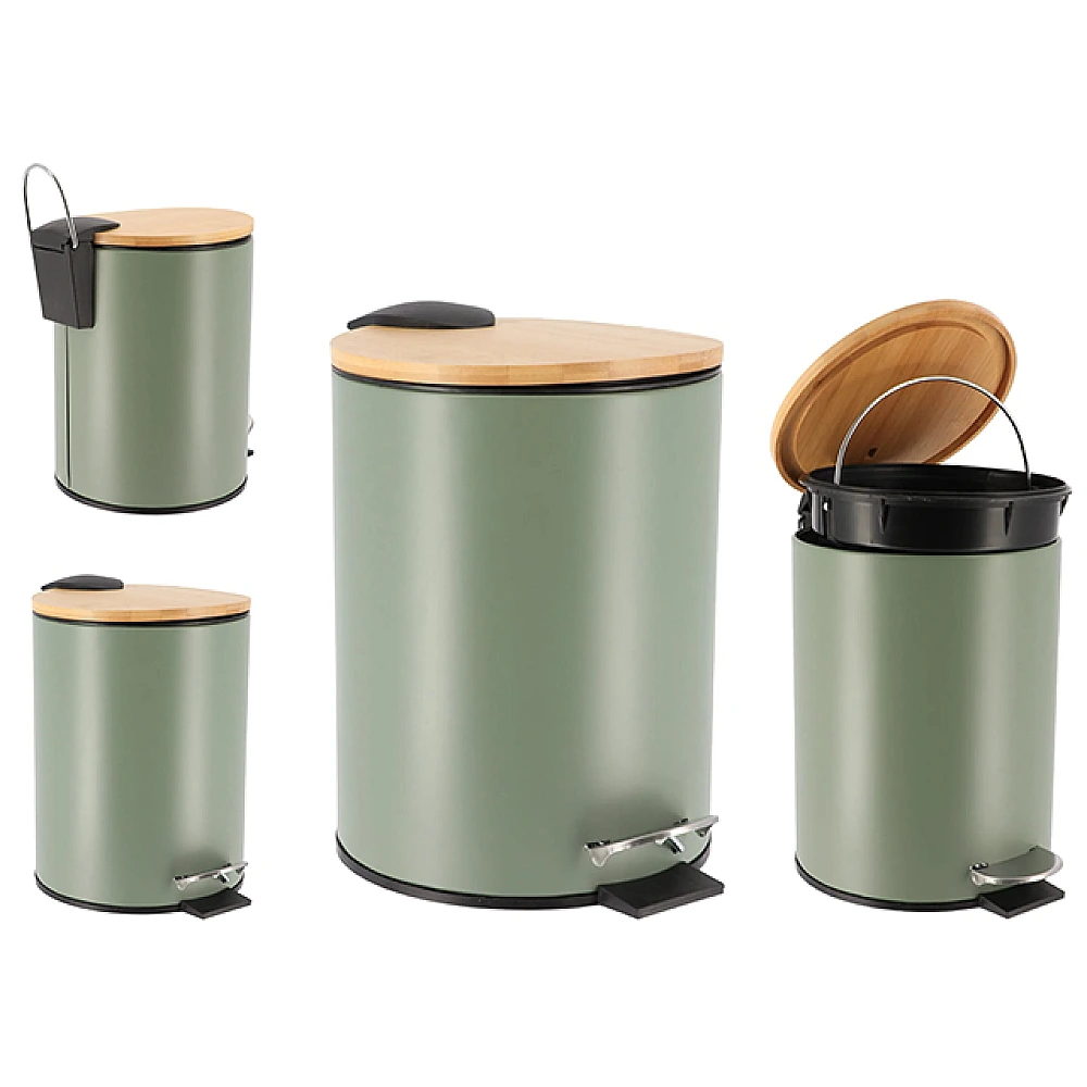 Cos de gunoi cu pedala 3L, 20.5X23.5cm, metal, bambus, kaki-natur