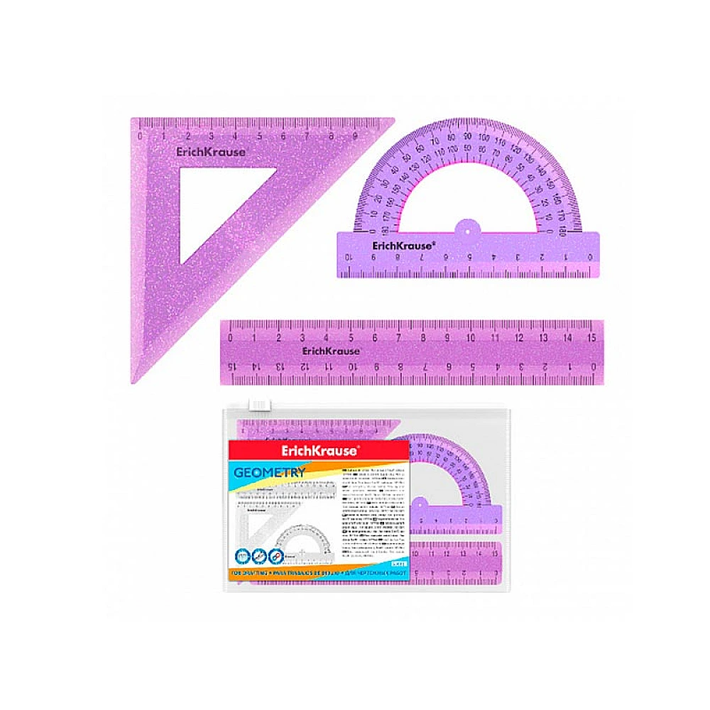 Set geometric mic plastic ErichKrause Glitter, (rigla, echer, transportor), violet.