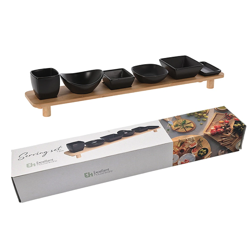 Set pentru aperitiv EH 7 unitati, suport din lemn 50X8cm, ceramica