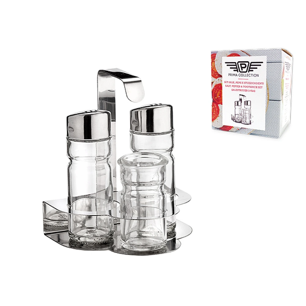 Set menaj pentru condimente Pinti Prima 3piese sare/piper/scobitori, sticla/inox