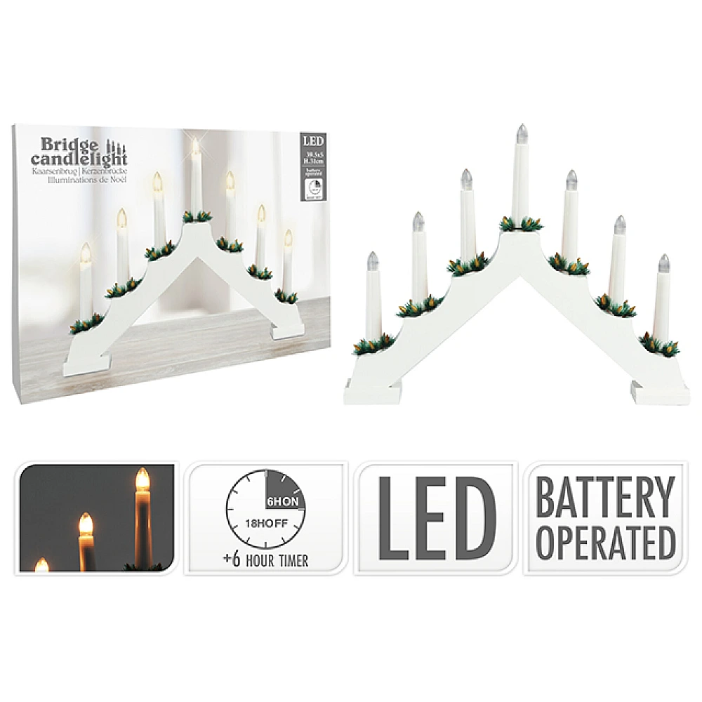 Candelabru LED pentru 7 luminari 41X5.5cm, H30cm, alb, din lemn