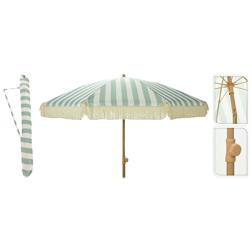 Umbrela de soare, D183cm, H200cm, 8 spite arcuite, franjuri, dungi verzi, UPF 30+