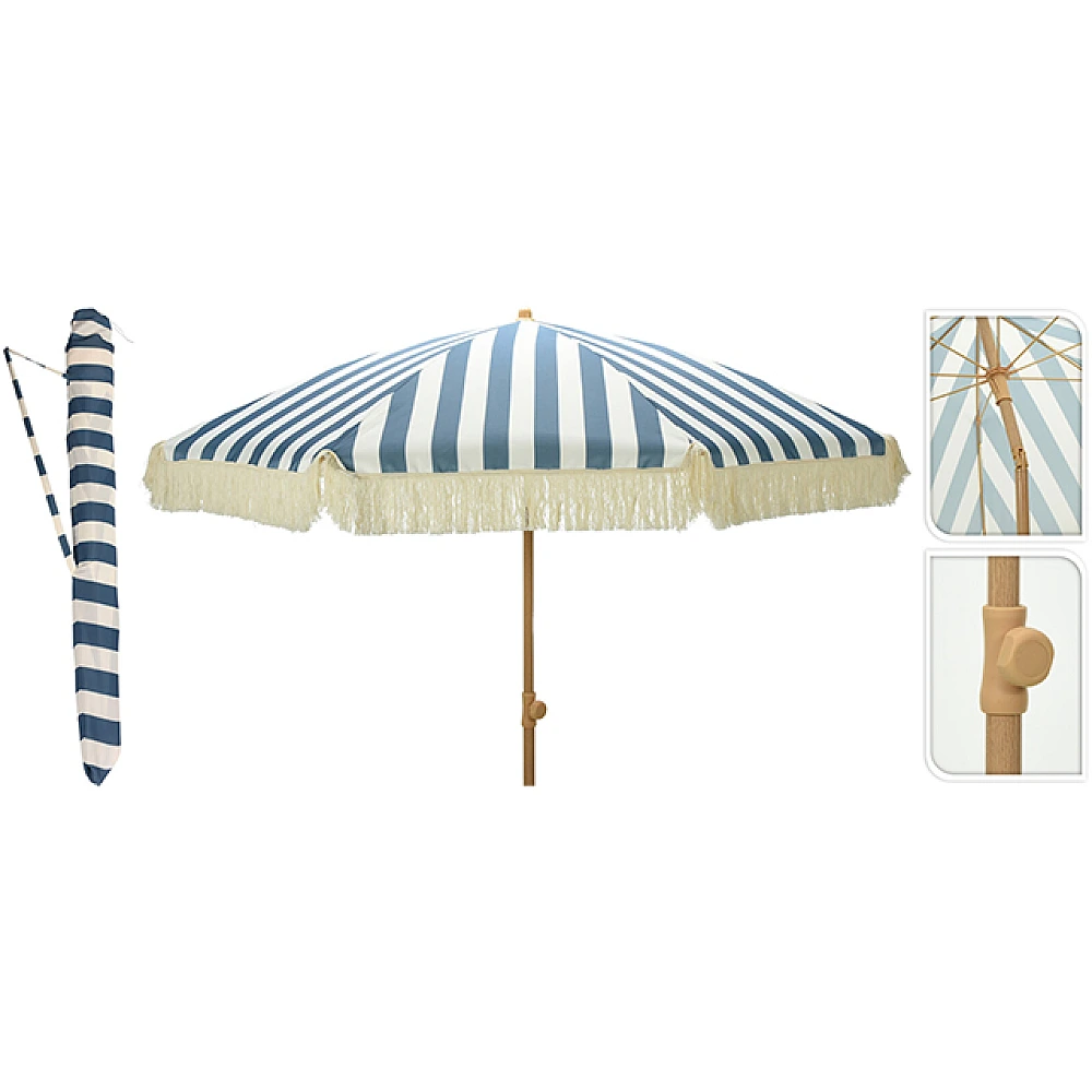 Umbrela de soare, D183 cm, 8 spite arcuite, franjuri, dungi albastre, UPF 30+