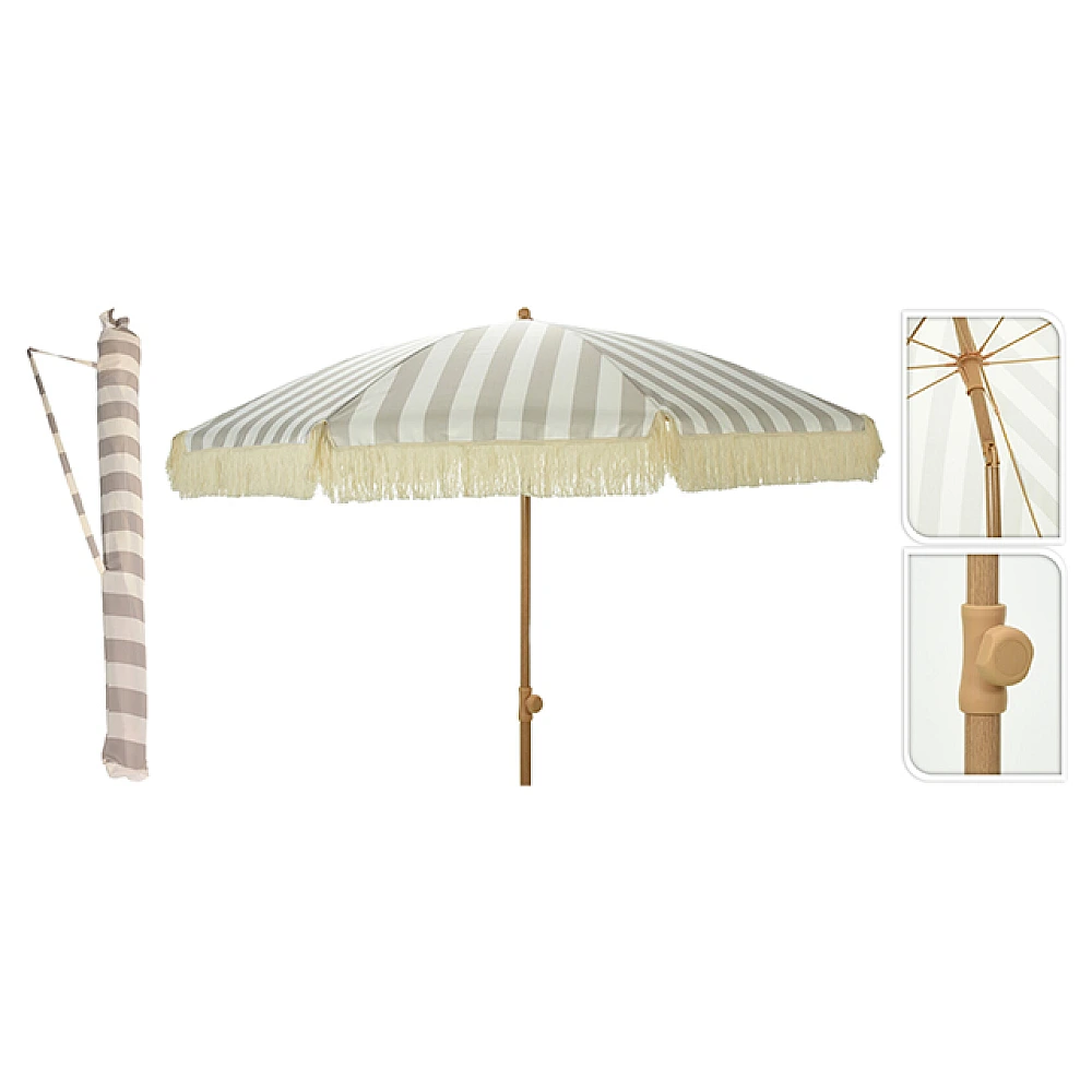 Umbrela de soare, D183cm, H200cm, 8 spite arcuite, franjuri, dungi gri, UPF 30+