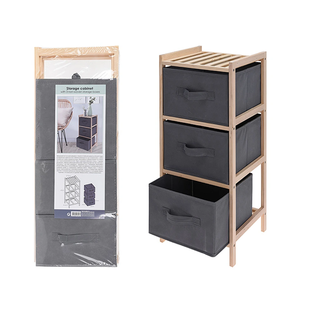Etajera 3 rafturi 27.5X25.4X65cm Storage cu 3 cutii, bambus/textil