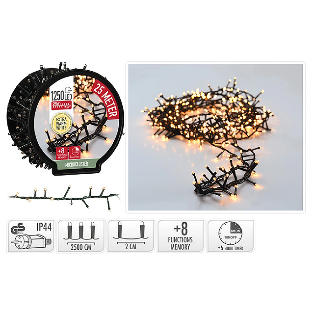 Luminite de Craciun liniare pe bobina 1250LED extra alb-cald, 25m, 8regim, in /out