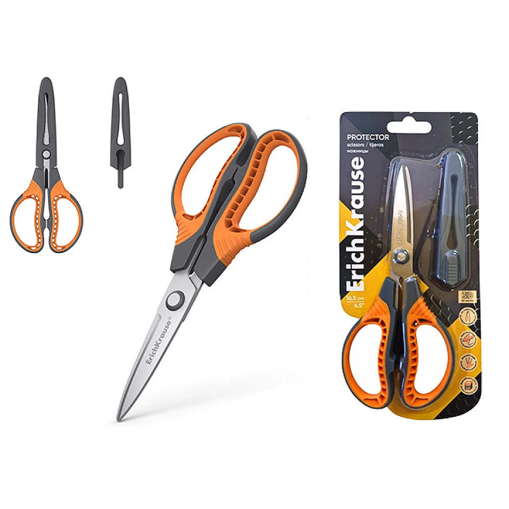 Foarfece ErichKrause Protector 16.5 cm, gri-portocaliu, cu capac protector