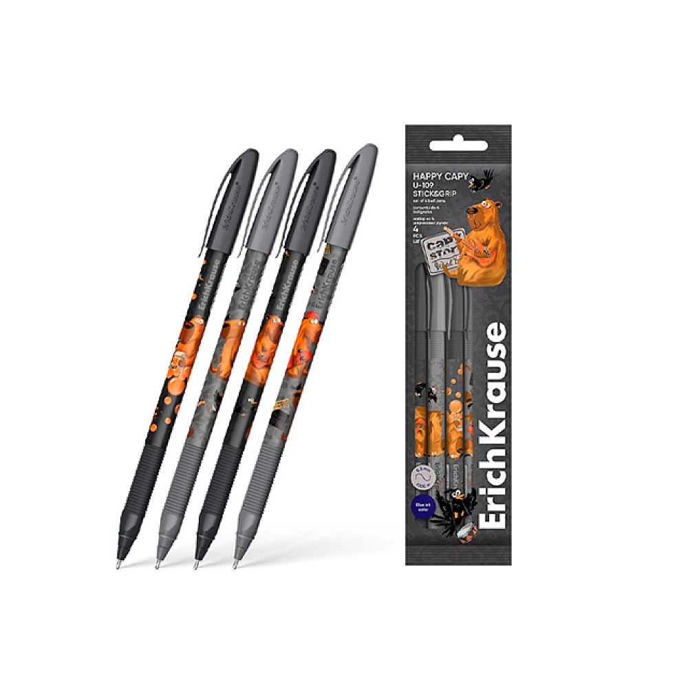 Set pixuri cu bila ErichKrause U-109 Stick&Grip Happy Capy, 4 buc, albastru