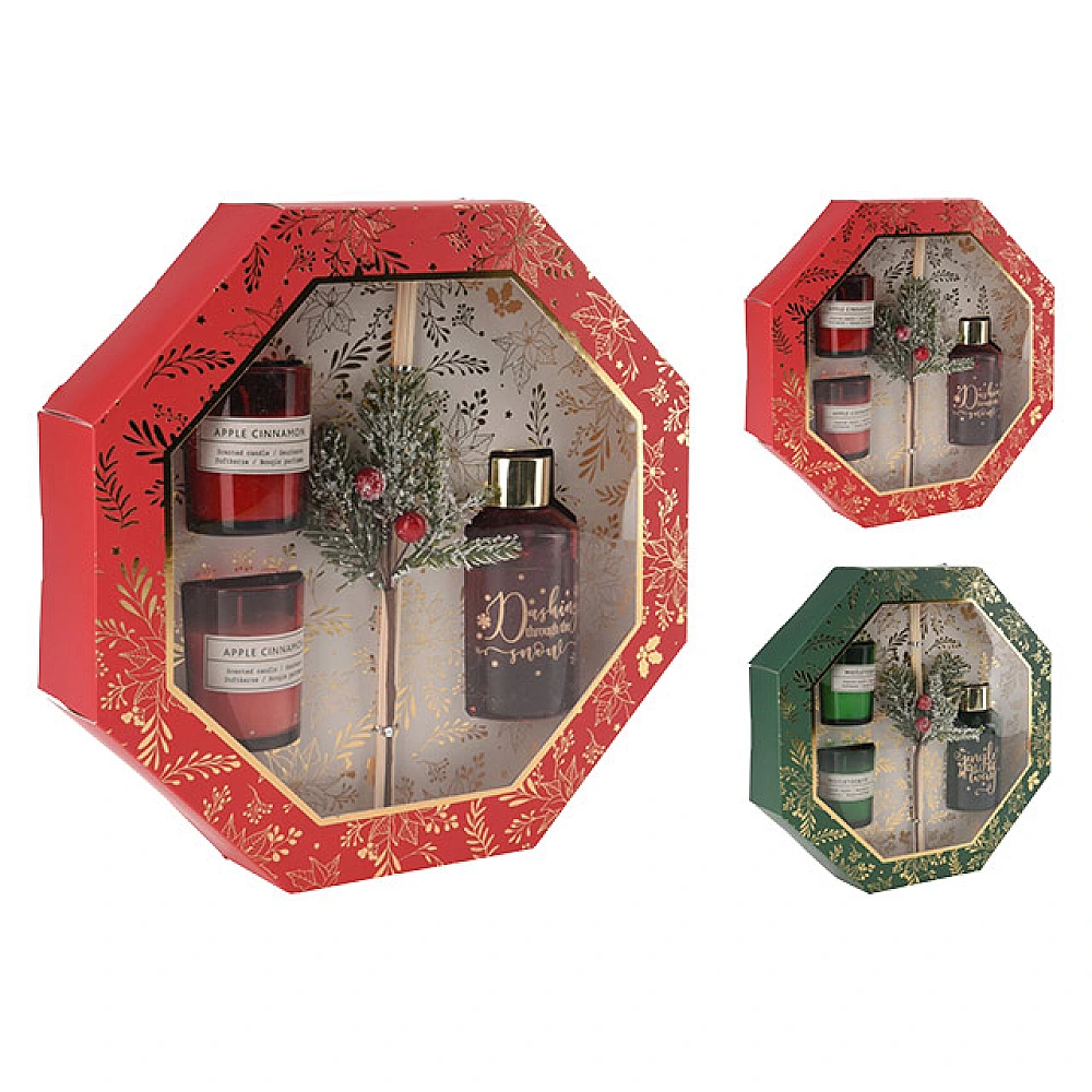 Set aromaterapie Craciun: odorizant 80ml + 6baghete, 2lumanari in pahar