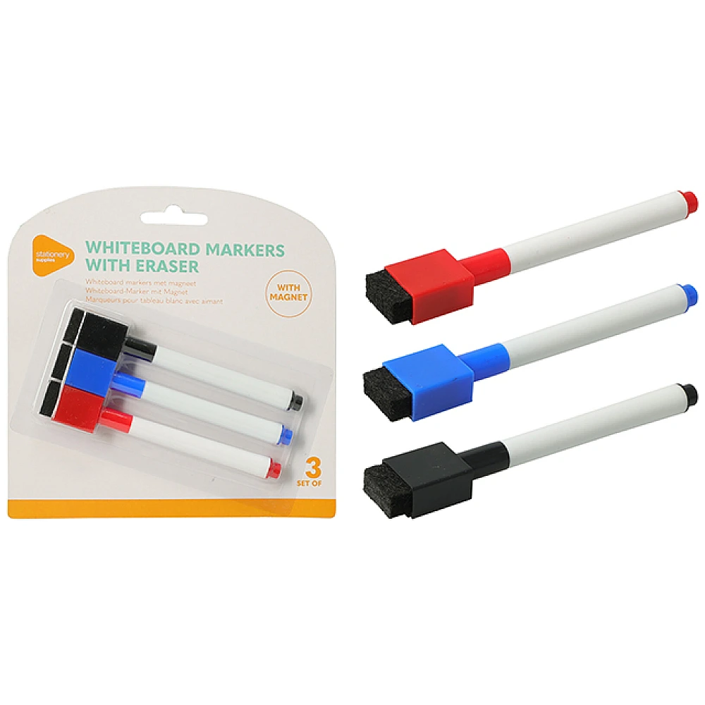 Set markere cu burete de sters, 3 buc, pentru tabla alba (whiteboard)