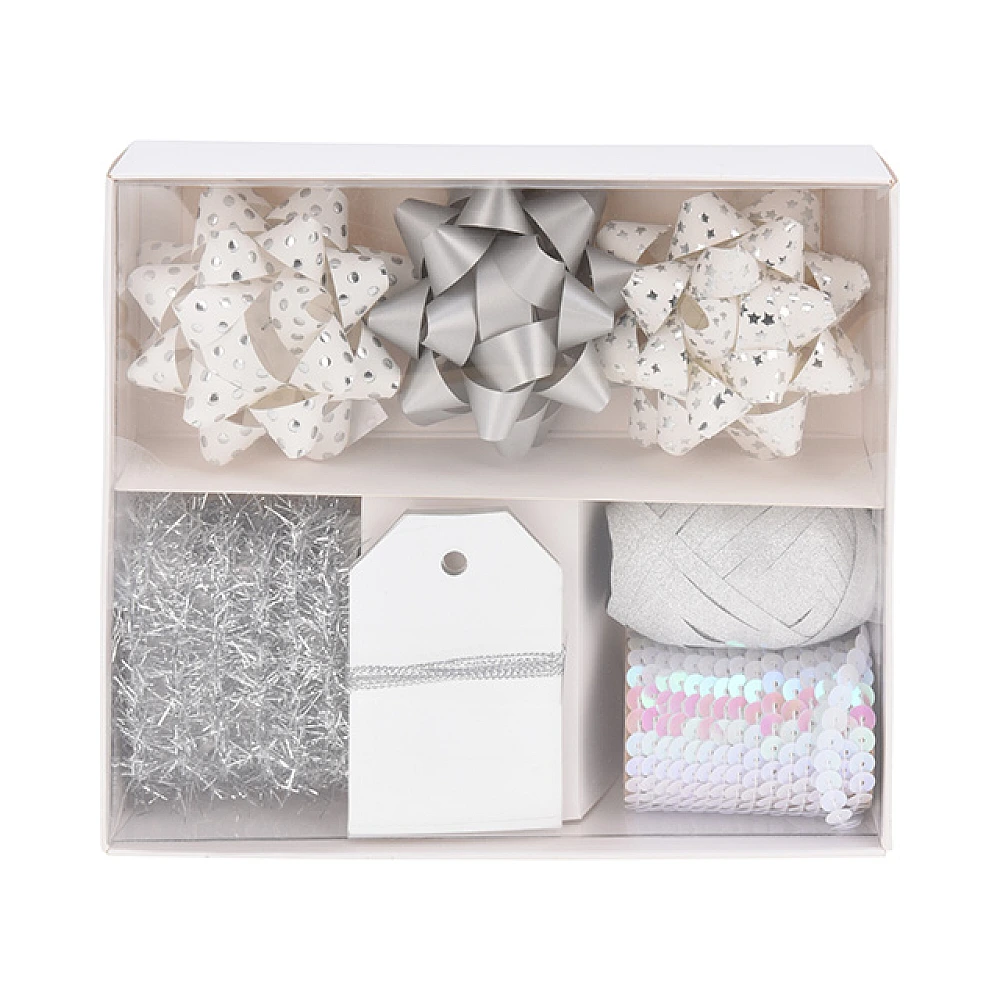 Set decoratiuni pentru cadouri 10 buc, (3 stele, 4 etichete, beteala, 2 panglici), argintii