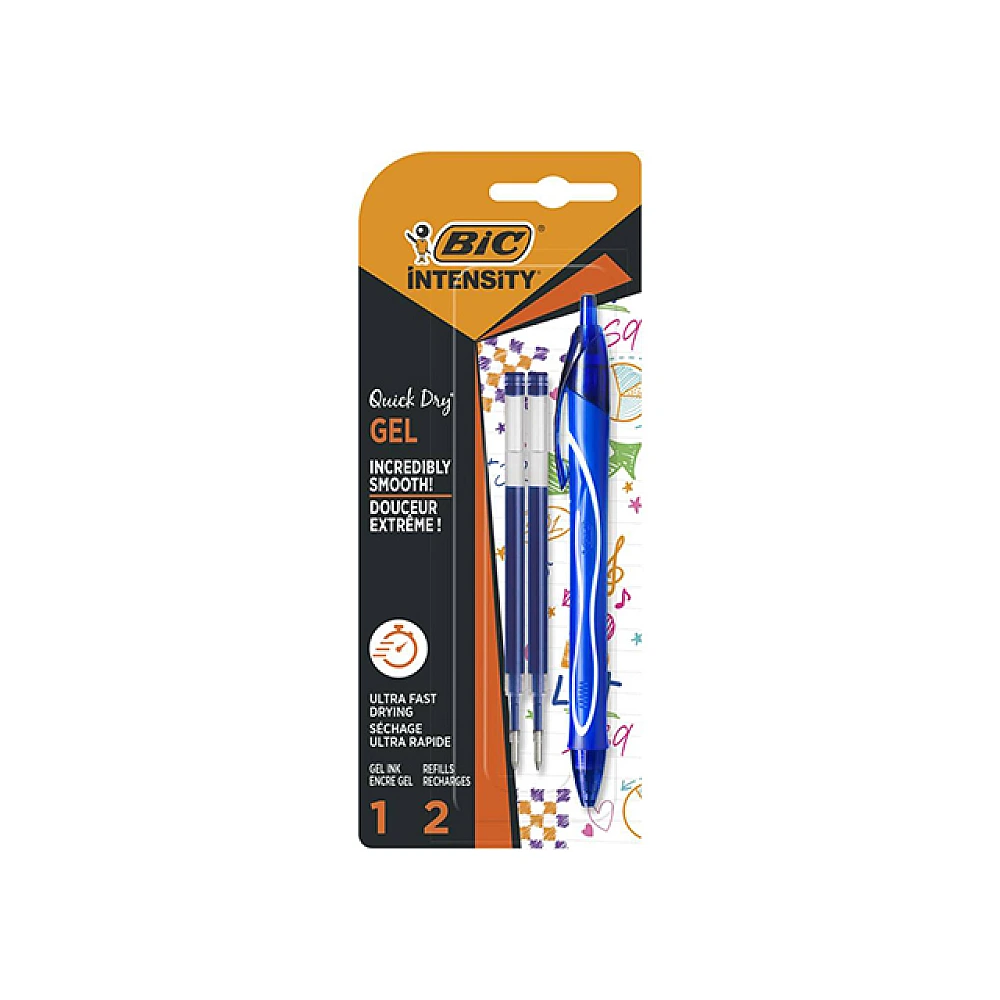 Set pix gel roller BIC Gel-ocity Quick Dry+ 2 rezerve, albastru