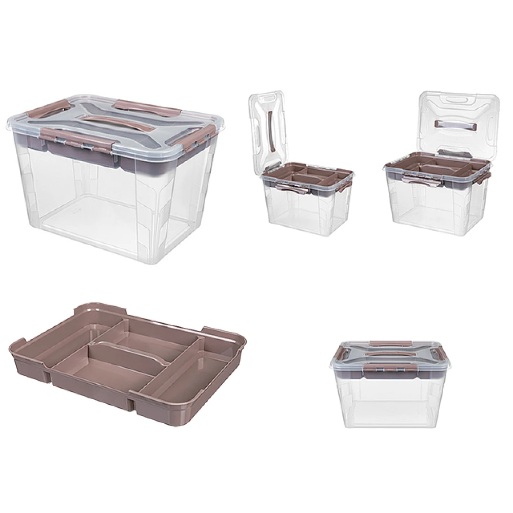 Organizator cu capac cu clame Econova Grand box 20 l, 39X29X24.5cm, maro, maner