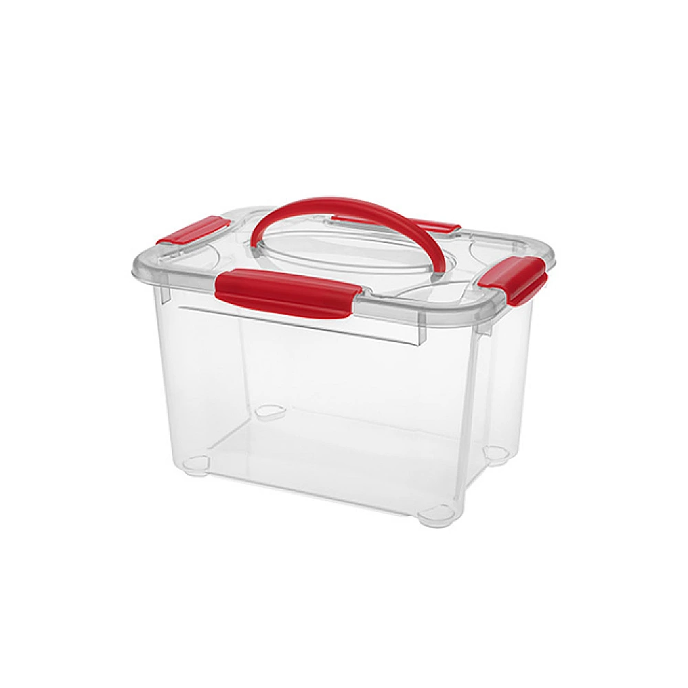 Organizator cu capac cu clame Econova Cristal, 5.5 l, 28.3X20X17 cm, maner rosu