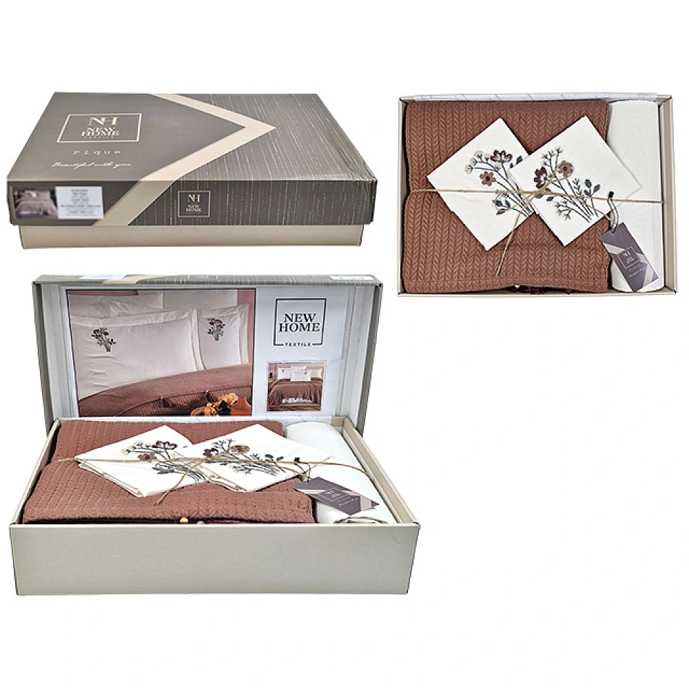 Lenjerie de pat 2 persoane NH Pike Brown cu broderie: cuvertura de pat, cearsaf, 4 huse p/u perna