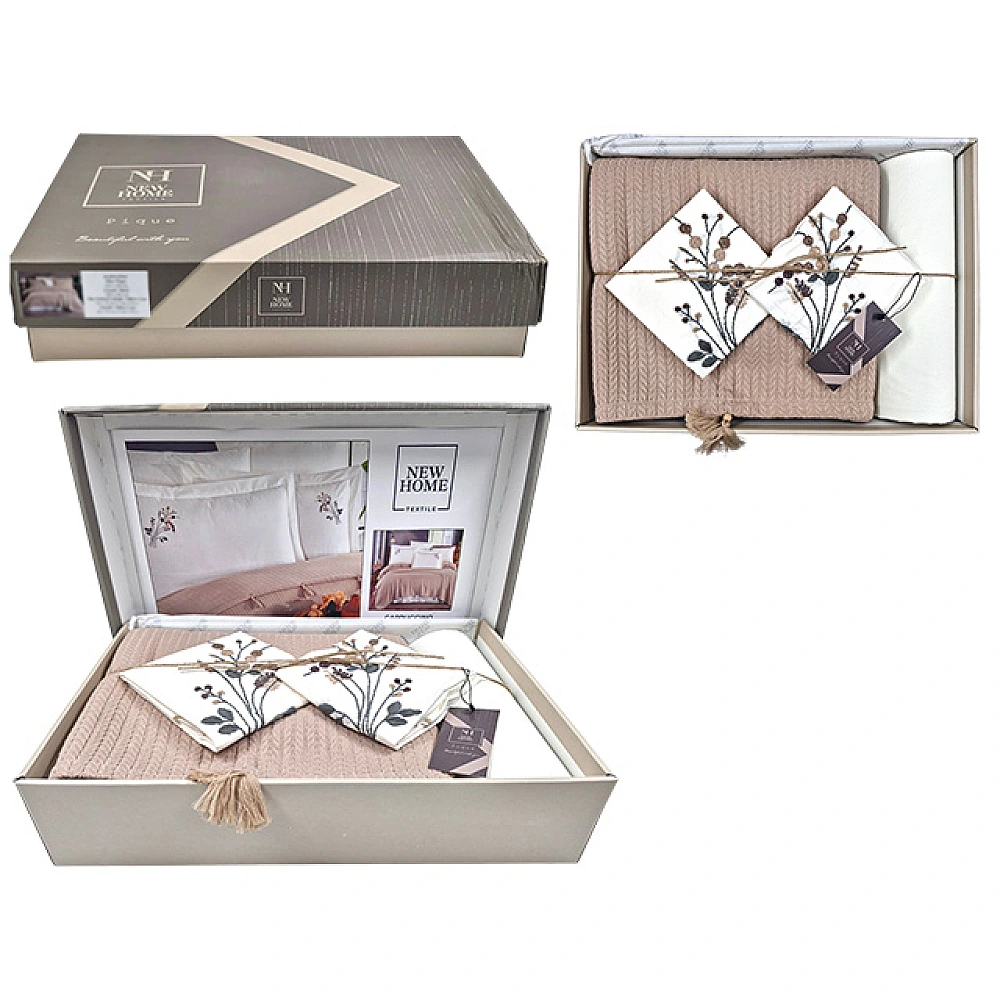 Lenjerie de pat 2 persoane NH Pike Cappuccino cu broderie: cuvertura de pat, cearsaf, 4 huse p/u perna