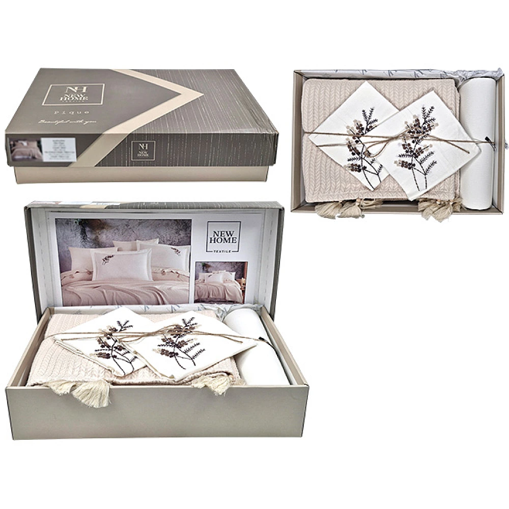 Lenjerie de pat 2 pers NH Pike Bej cu broderie: cuvertura de pat, cearsaf, 4 huse p/u perna